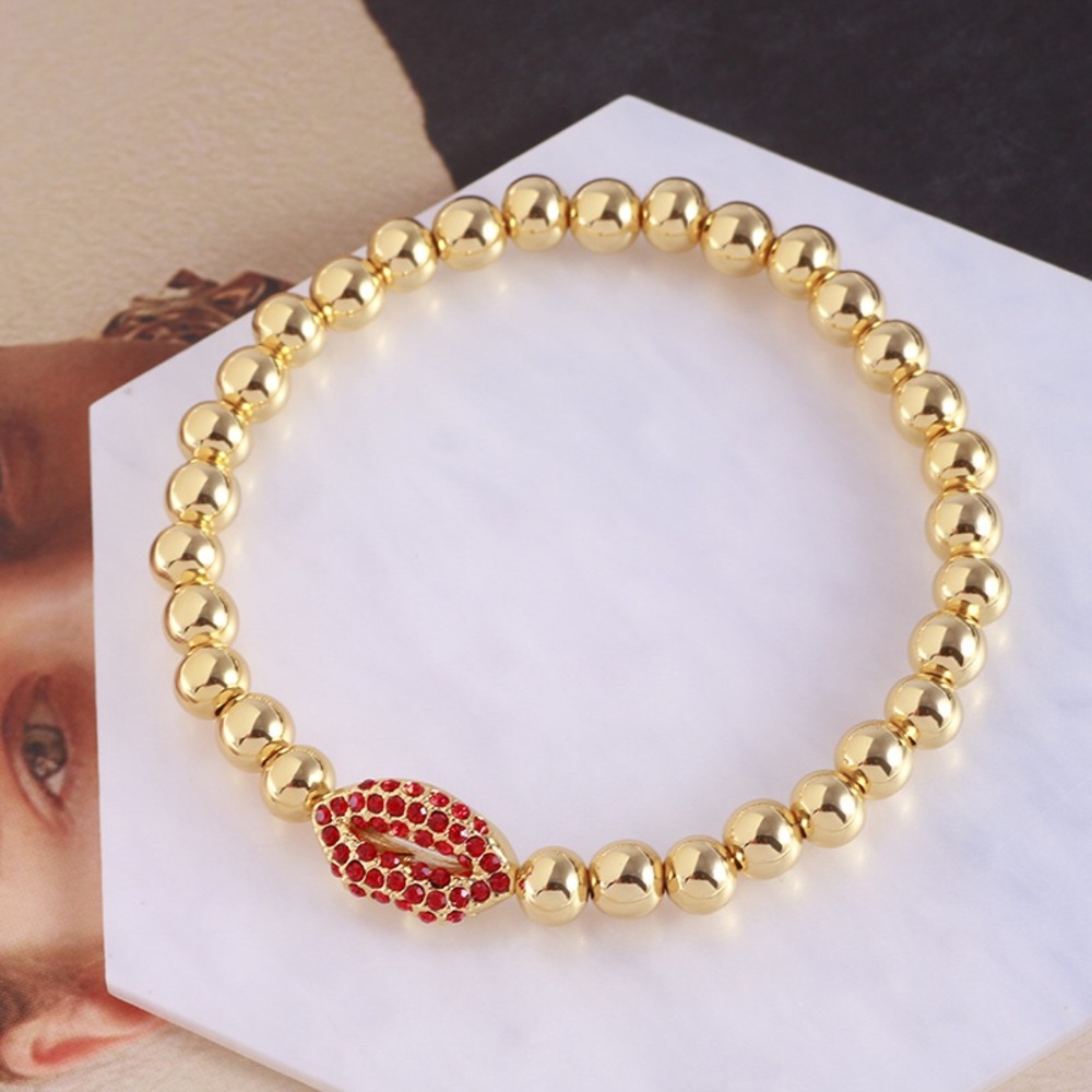 Kate Spade Red Crystal Lip Charm Gold Beaded Stretch Bracelet